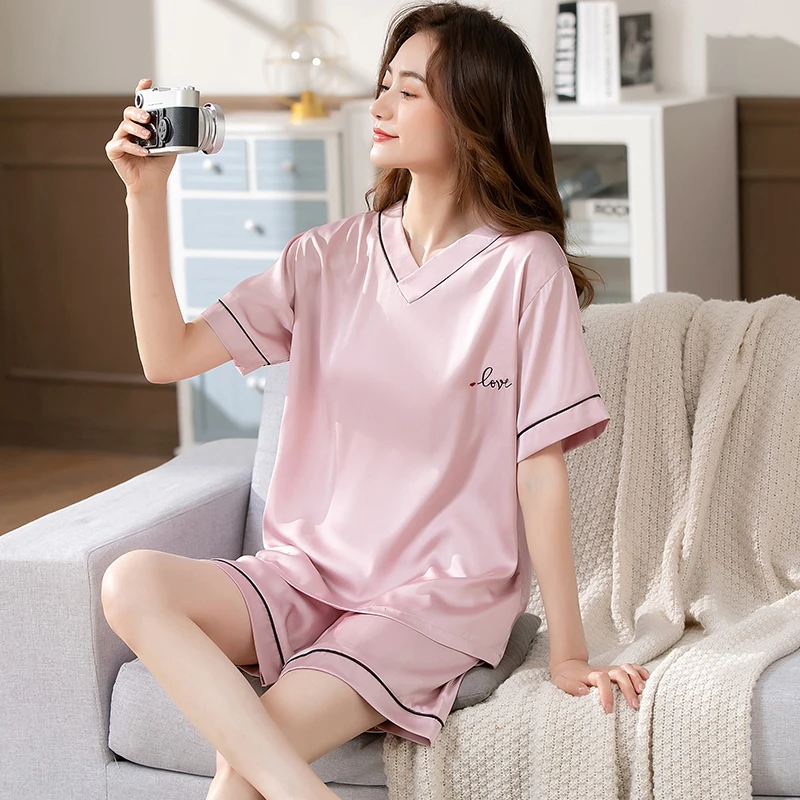 冰丝睡衣女2024新款夏季薄款V领短袖短裤高级感家居服加大码套装