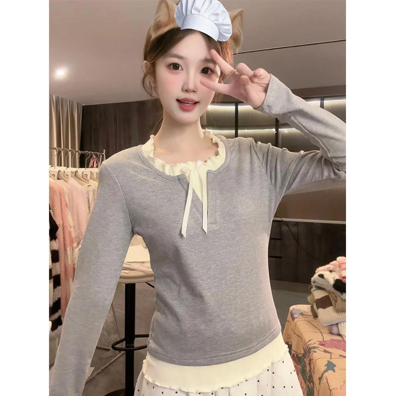【现货】法式波浪蝴蝶结领撞色拼接通勤假两件针织长袖T恤内搭打底