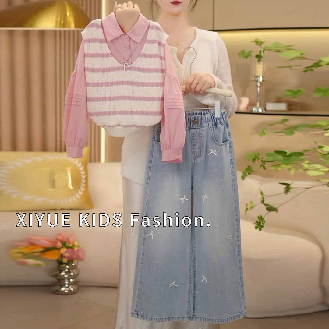 女童2025春季新款条纹针织毛衣马甲背心衬衫牛仔裤套装三件套洋气