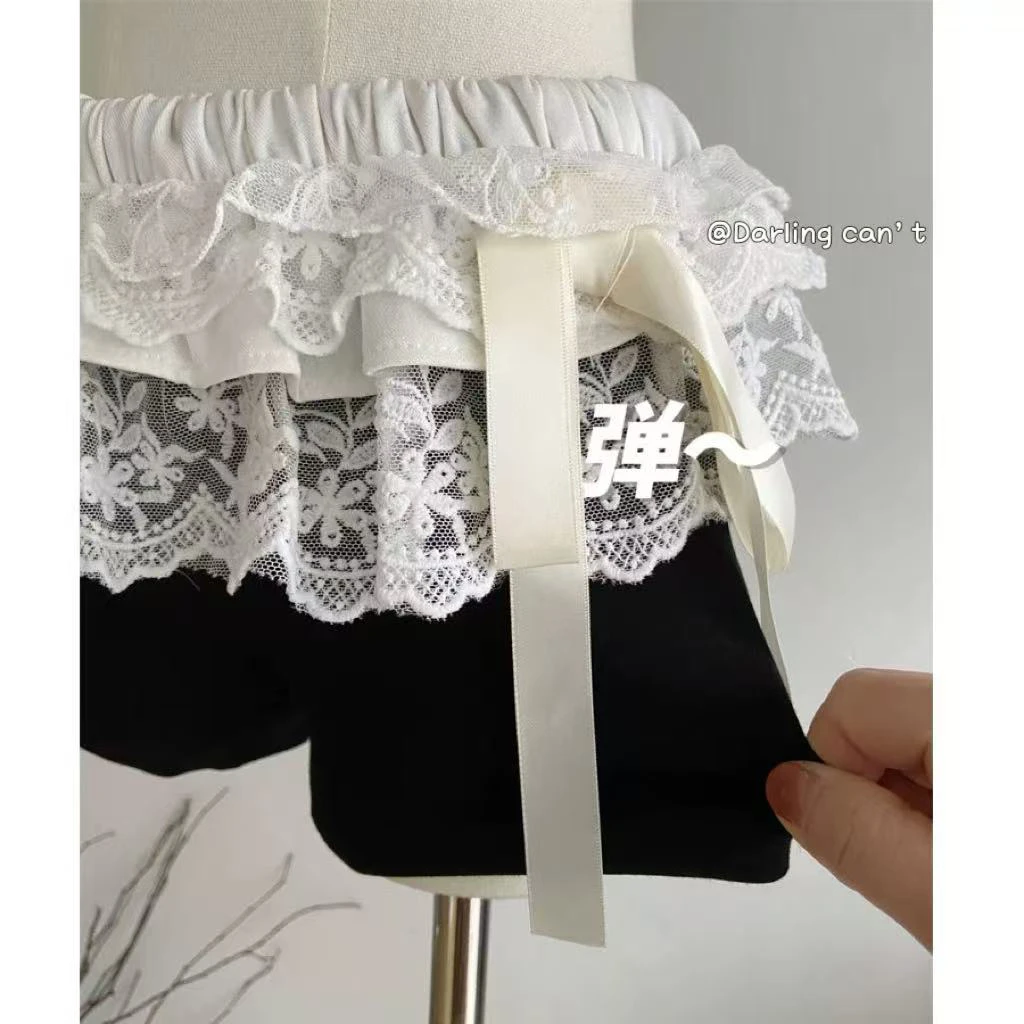 大脸喵 大脸喵 黑色显纯欲风瘦蕾丝设计蝴蝶结百搭小众半身短裤女
