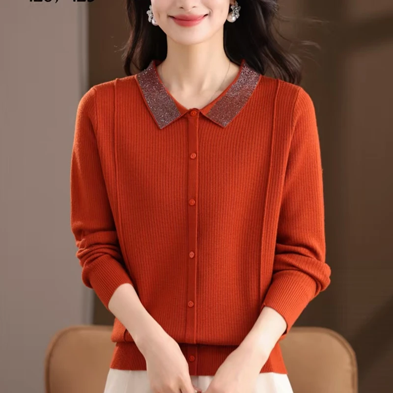 2025秋季新款中年女士时尚翻领针织洋气假开衫中老年女装打底衫