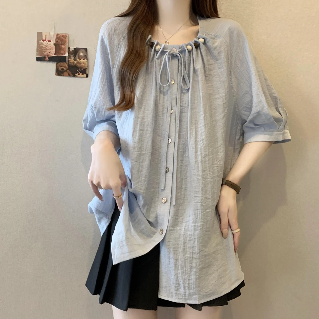 新品大码胖mm夏季新款串珠圆领宽松衬衣遮肚显瘦上衣女