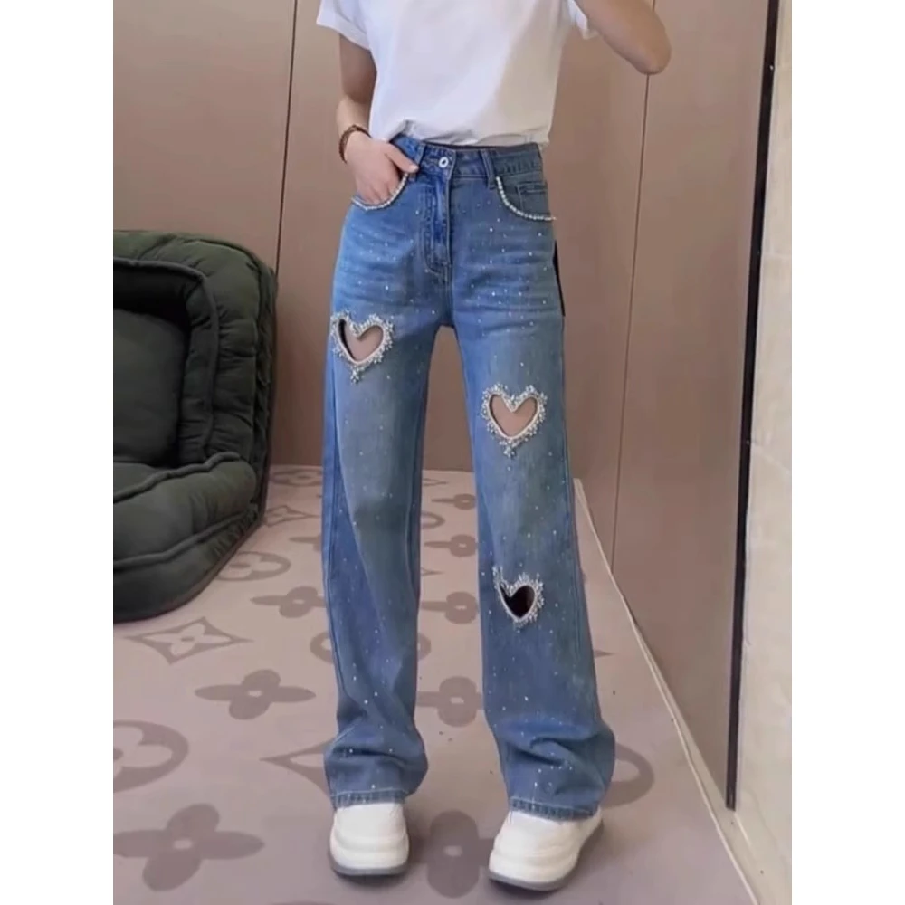 烫钻爱心破洞直筒牛仔裤女2025夏季新款高腰宽松显瘦窄版阔腿裤子