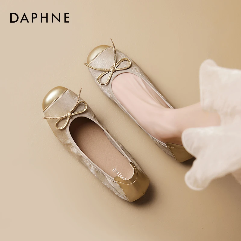 达芙妮法式浅口单鞋女2025新款春季平底一脚蹬气质蝴蝶结芭蕾舞鞋