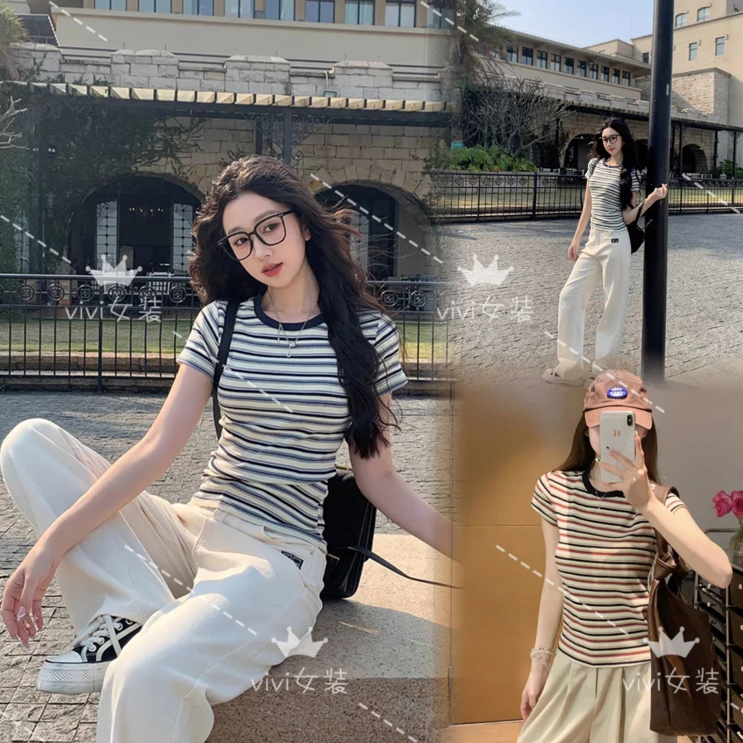 美式复古chic条纹精棉T恤女夏季撞色设计感减龄修身上衣正肩短袖