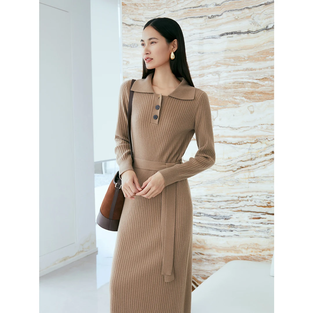 INSUN恩裳时尚气质复古坑条纯羊绒针织连衣裙9C34506520