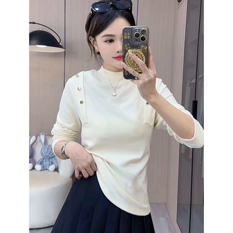 大码磨毛德绒加绒半高领保暖长袖打底衫T恤女秋冬季显瘦内搭上衣