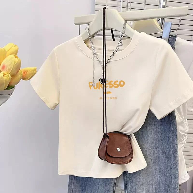 杏色正肩纯棉短袖女款爆款2025新款休闲T恤独特漂亮小衫夏季上衣
