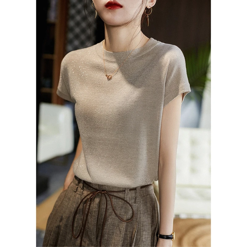 2024夏季新款洋气短袖女圆领冰丝针织上衣宽松薄款亮丝T恤ns8921