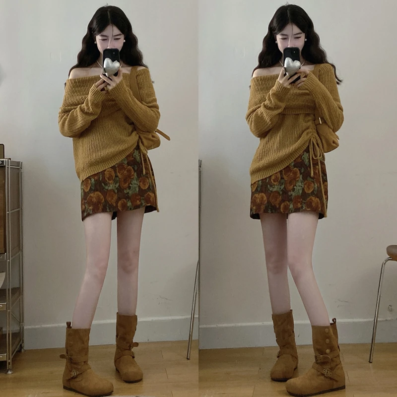 大码胖mm秋冬新款设计感抽绳绑带宽松露肩毛衣上衣半身裙两件套装