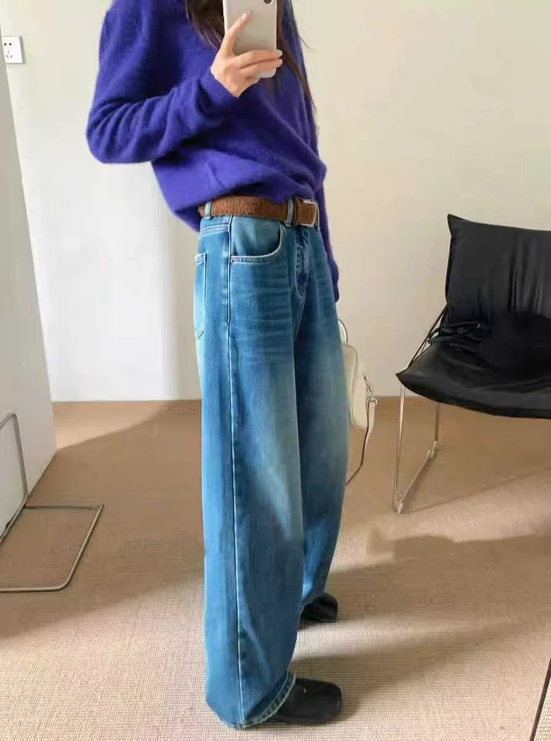 秋冬蓝色磨毛高腰显瘦牛仔裤女直筒垂感时尚百搭
