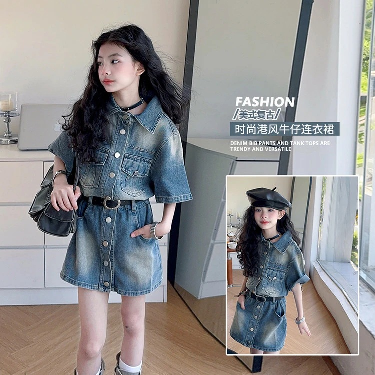 女童牛仔短袖连衣裙配腰带2025夏季中大童女孩子韩版洋气短裙潮款