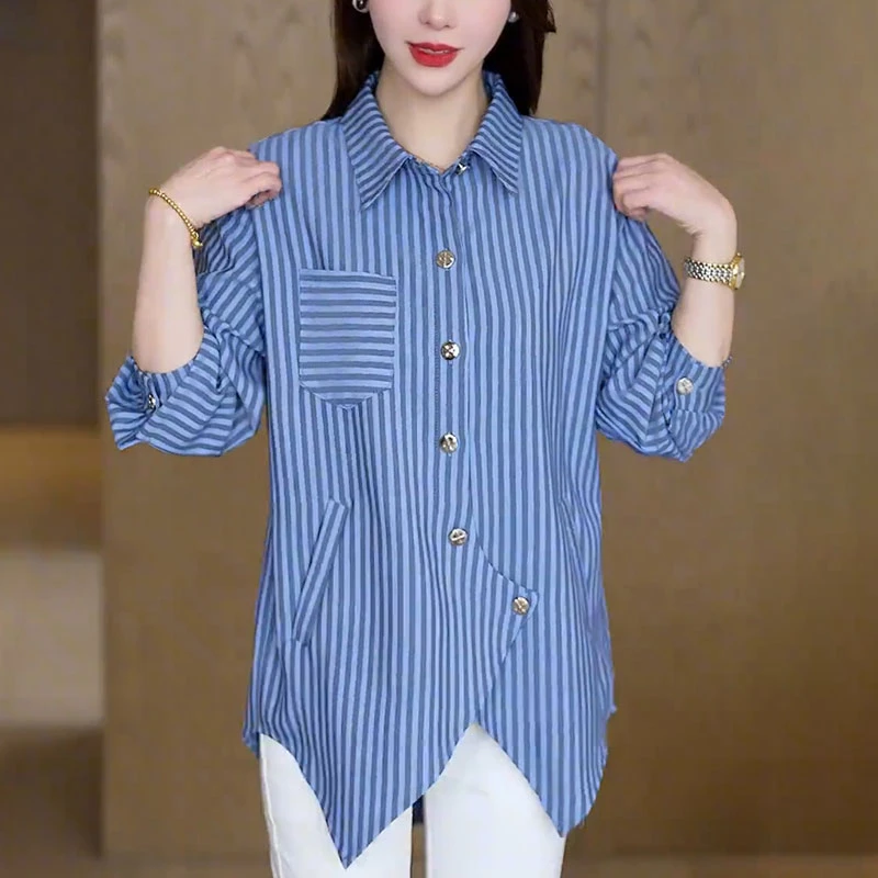 中长款条纹衬衫女士2025新款宽松时尚遮肚显瘦设计感大码休闲上衣