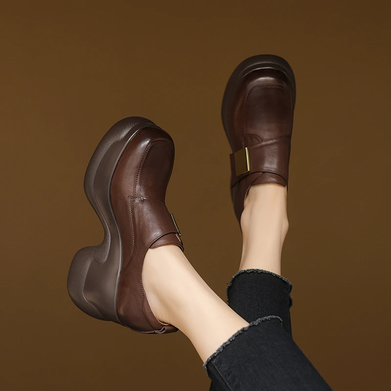 牛皮 9厘米 34-39百搭时尚真皮复古粗跟厚底英伦风单鞋深口春秋