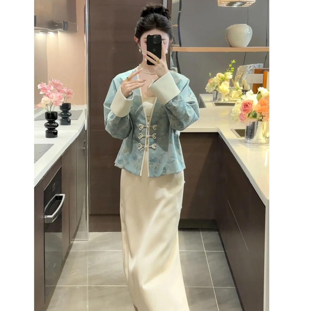 【有现】【周粥】【晨曦】新款蓝色水墨晕染缎面盘扣上衣JJQ4SY3728