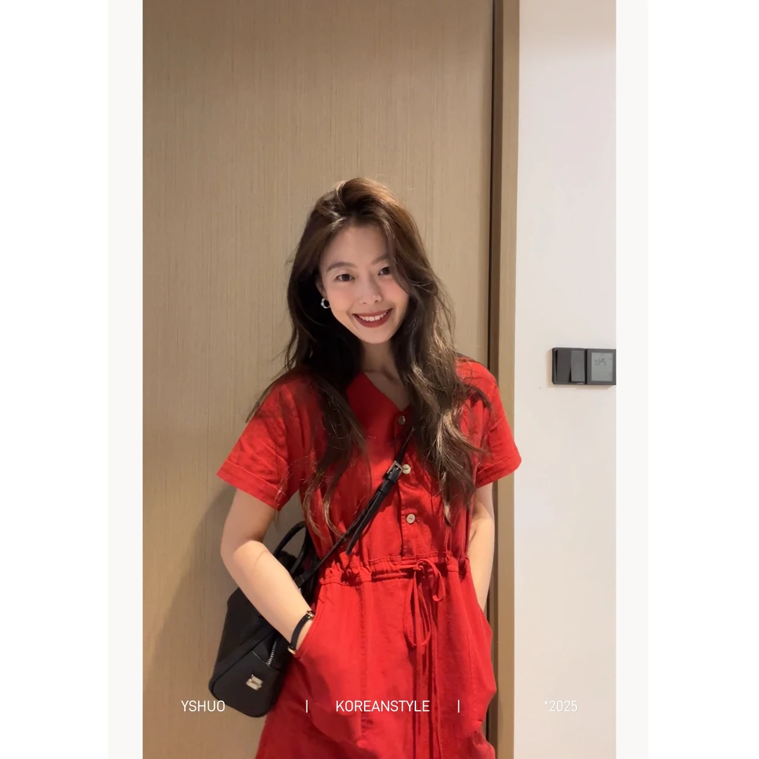 【怦然时刻】亮色系高级质感V领腰部抽绳宽松短袖连衣裙 6968