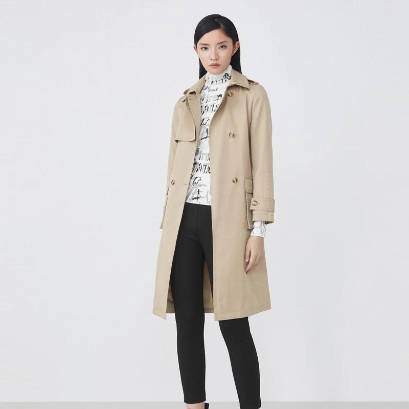 S·DEER圣迪奥【雅丹风】女士英伦风双排扣收腰长款风衣S21381821