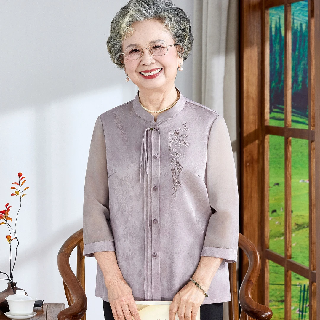 老年人夏装女纱袖衬衣新中式妈妈装夏季宽松洋气衬衫奶奶衣服国风