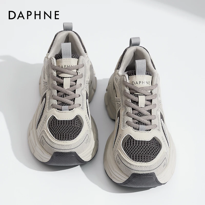 达芙妮灰色老爹鞋女2025新款春季小个子增高厚底鞋网面休闲运动鞋