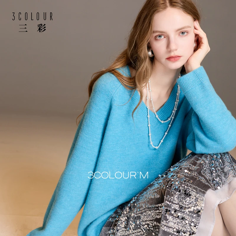三彩2025冬季新款慵懒宽松V领针织衫长袖套头衫上衣毛衫简约M