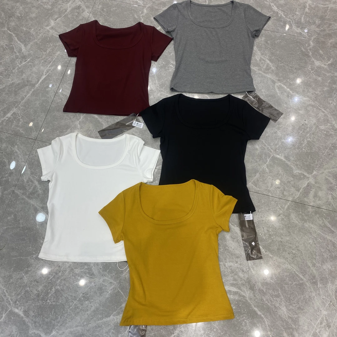 低方领露锁骨纯色短袖T恤女2025夏装新款修身螺纹棉显瘦正肩上衣