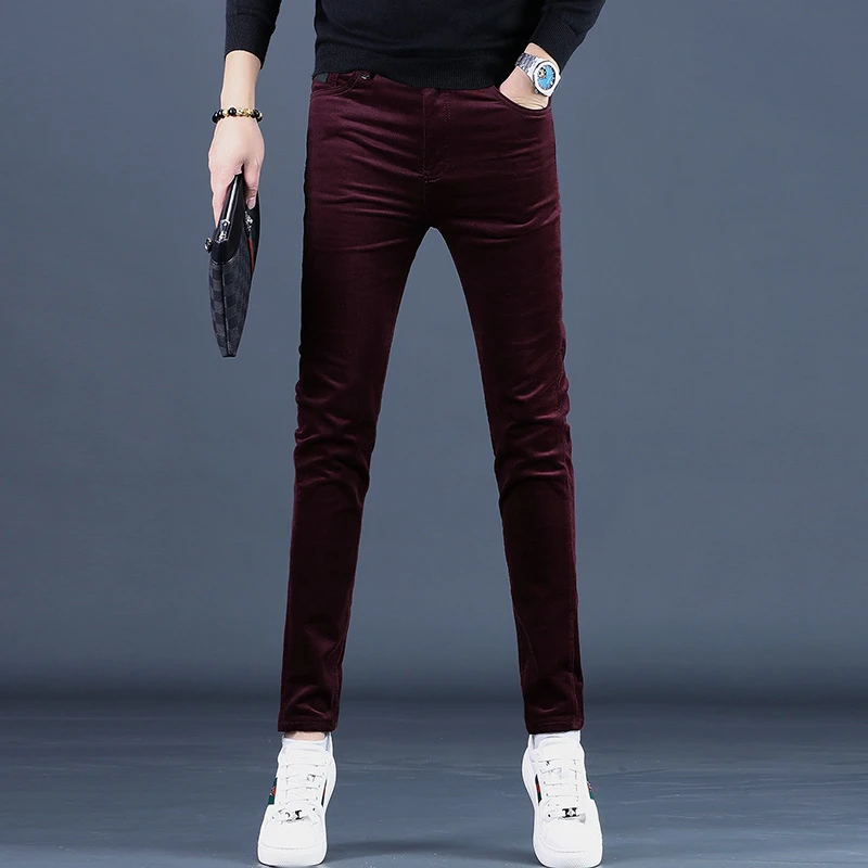 秋季款高端休闲裤男修身小脚男裤2025新款红色灯芯绒裤子男士长裤