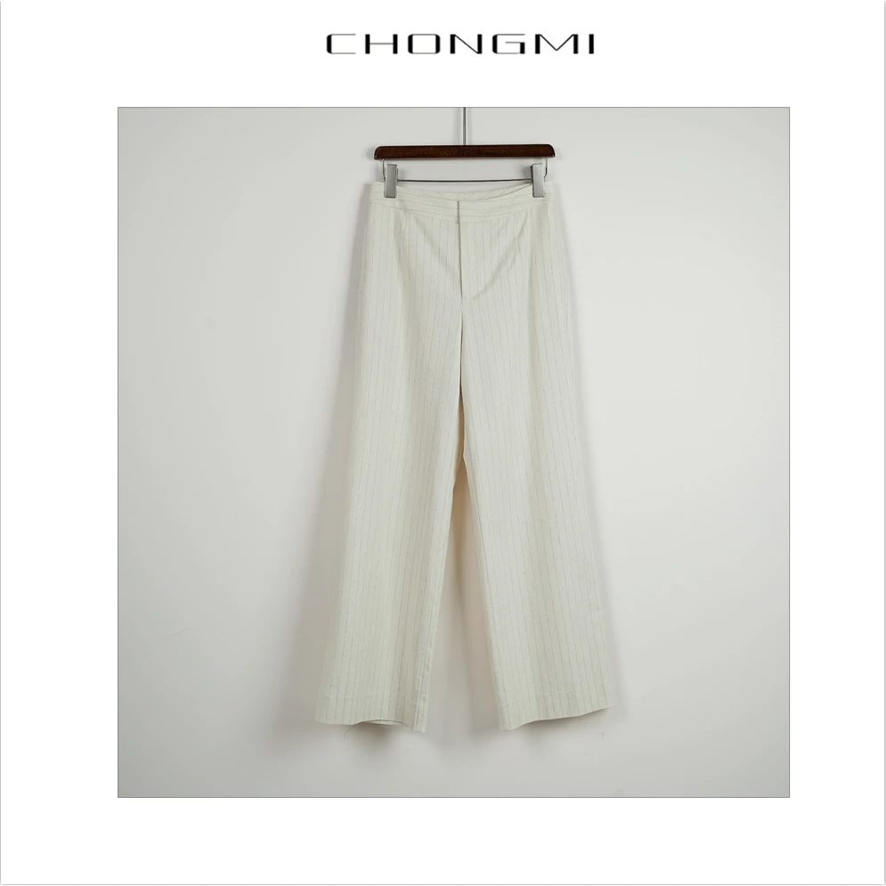 米白色直筒阔腿休闲裤女2025夏季新款暗纹条纹时尚百搭气质裤子P