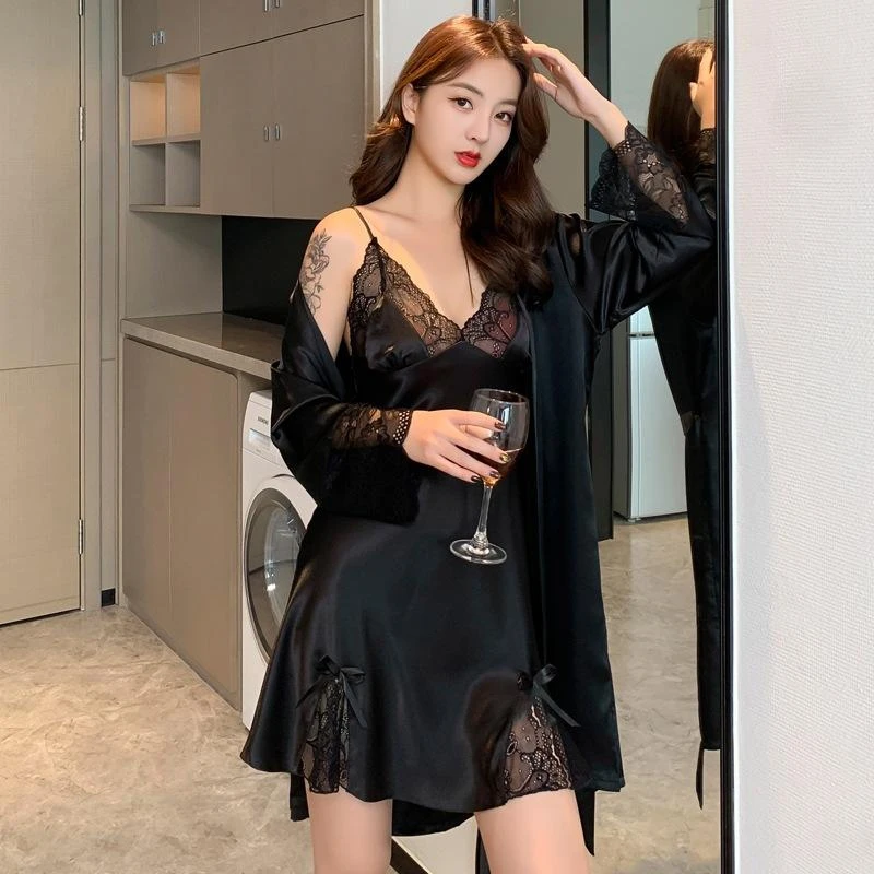 睡衣女春夏季薄款两件套睡袍性感蕾丝睡裙长袖家居服套装可外穿
