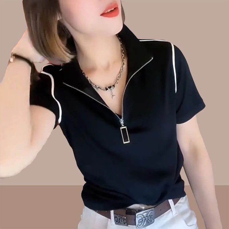 网红时尚炸街新款女装黑色立领短袖T恤爆款2025夏季爆款法式上衣