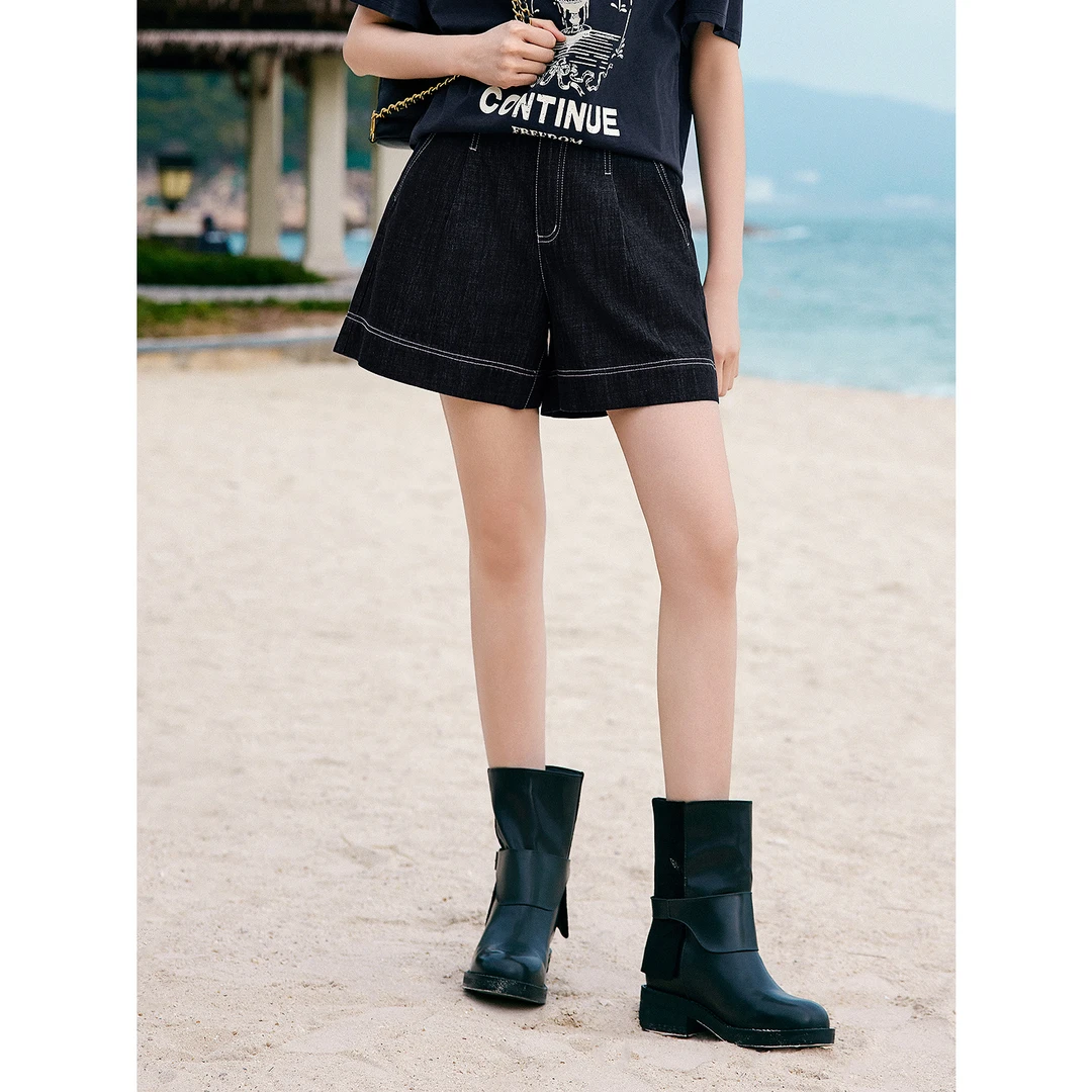 玖姿安娜蔻复古丹宁A版阔腿裤原色牛仔短裤女2025新款KWFX12201