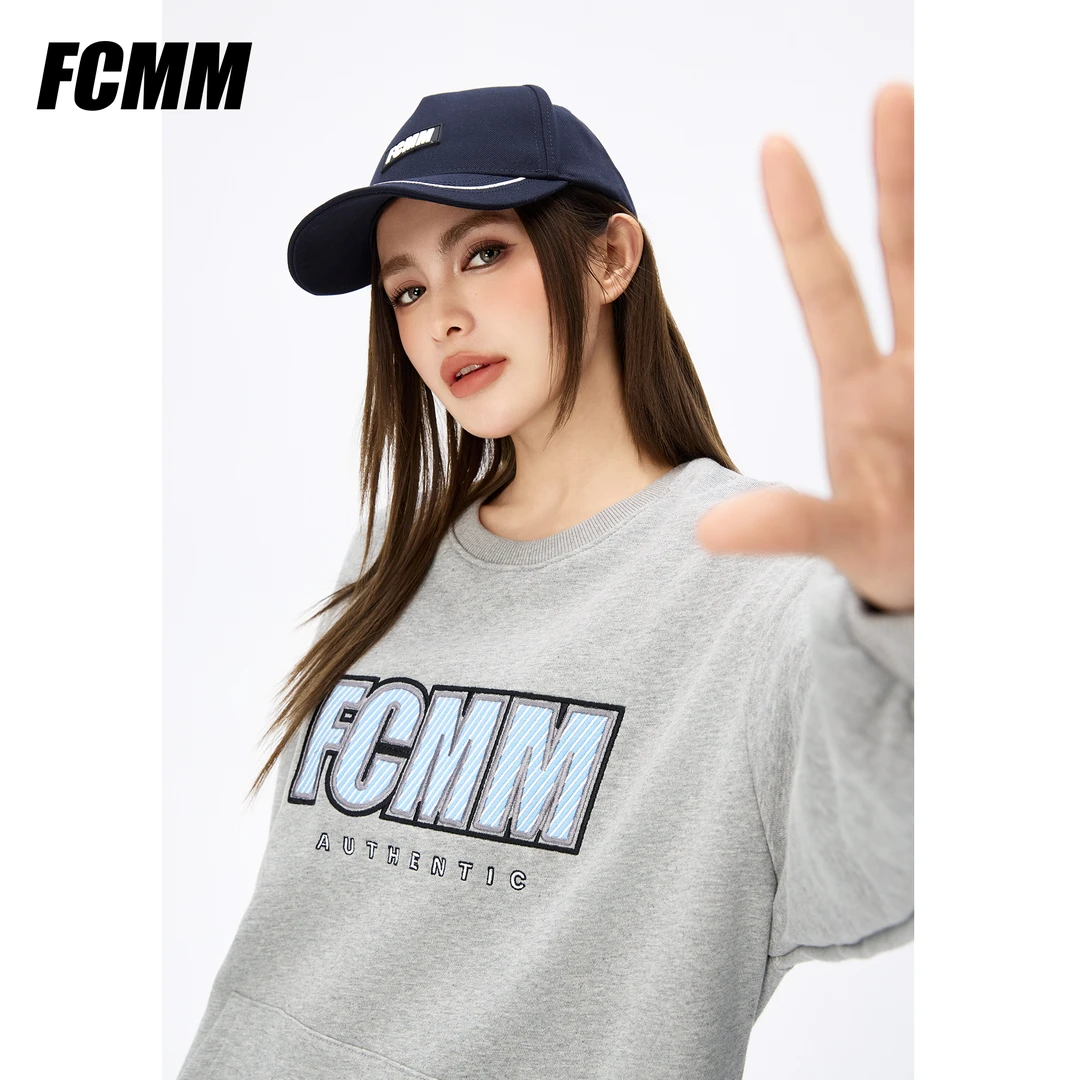 【起司在韩国专属】FCMM春季宽松圆领灰色卫衣女情侣款韩系长袖上衣