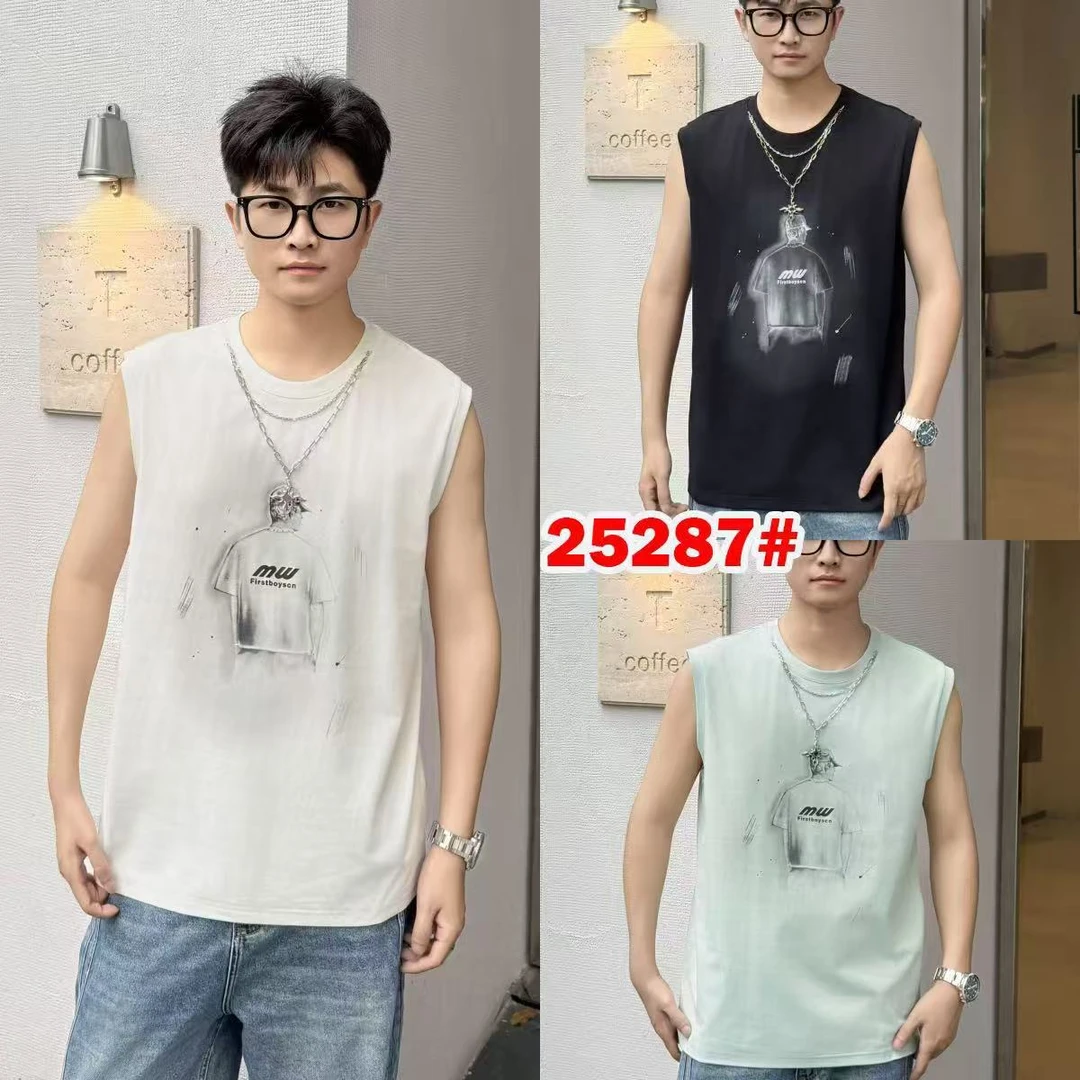 夏季青少年潮流港风潮流无袖背心简约百搭砍袖休闲T恤运动
