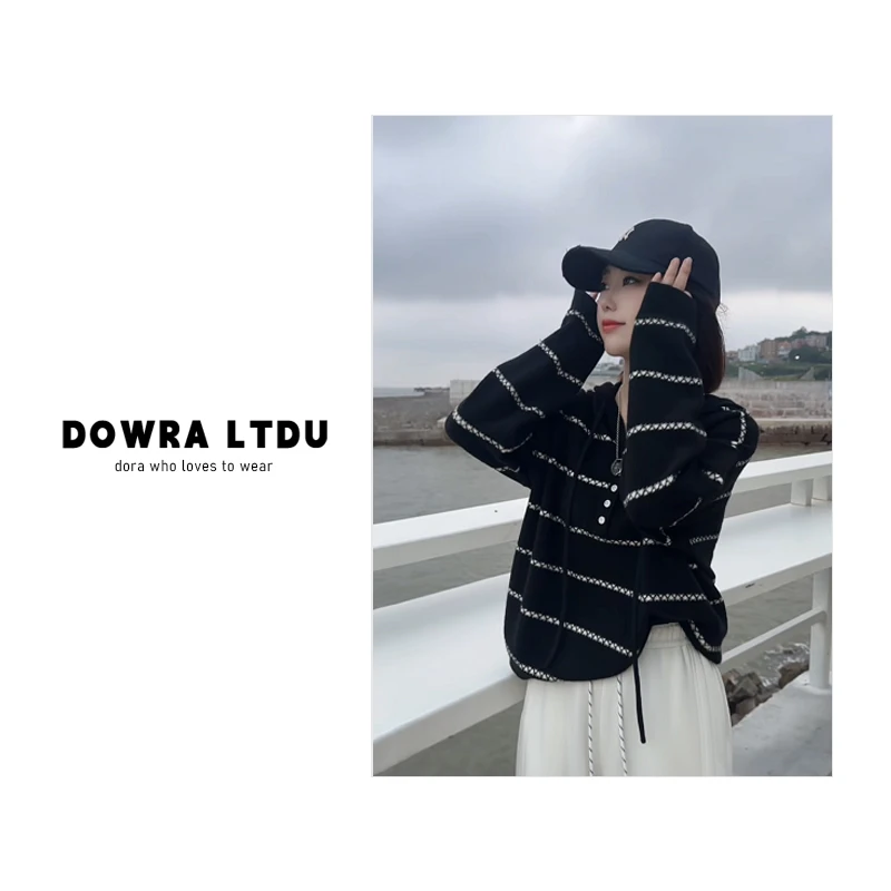 朵拉【织秋意】2025年秋季新款条纹连帽长袖百搭毛衣外套女1-253022