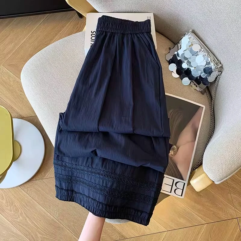 木耳边蕾丝拼接九分休闲裤夏季新款梨型身材高腰显瘦宽松直筒裤