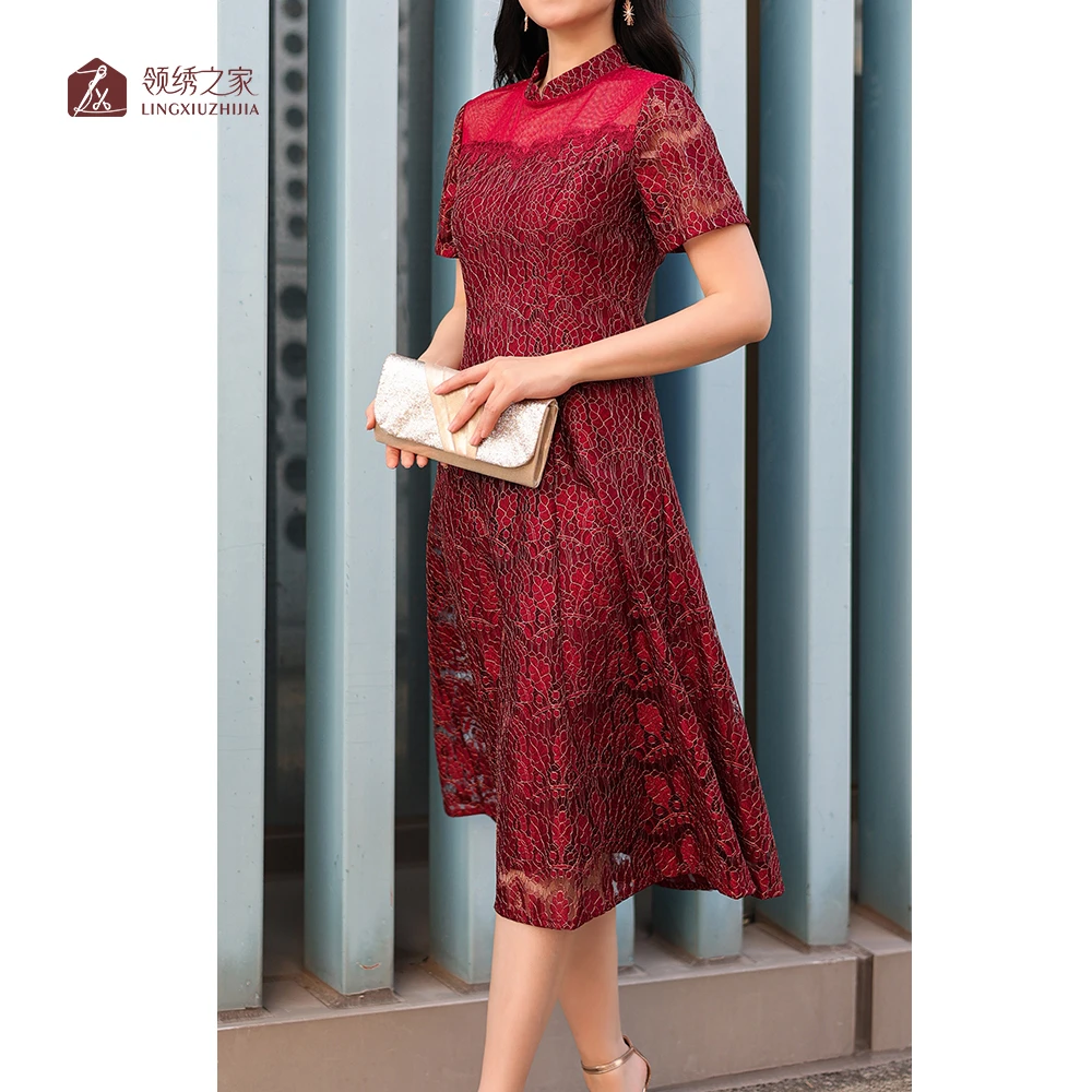 蕾丝绣花婚宴长款宴会#YB90709H-37气质显瘦连衣裙碎花妈妈装