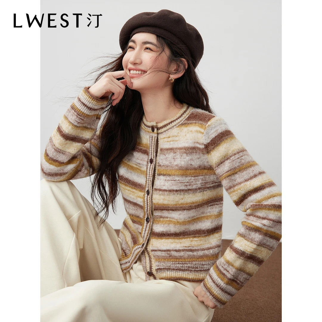 Z朗文斯汀撞色条纹针织开衫2025冬季新款法式独特设计感别致毛衣