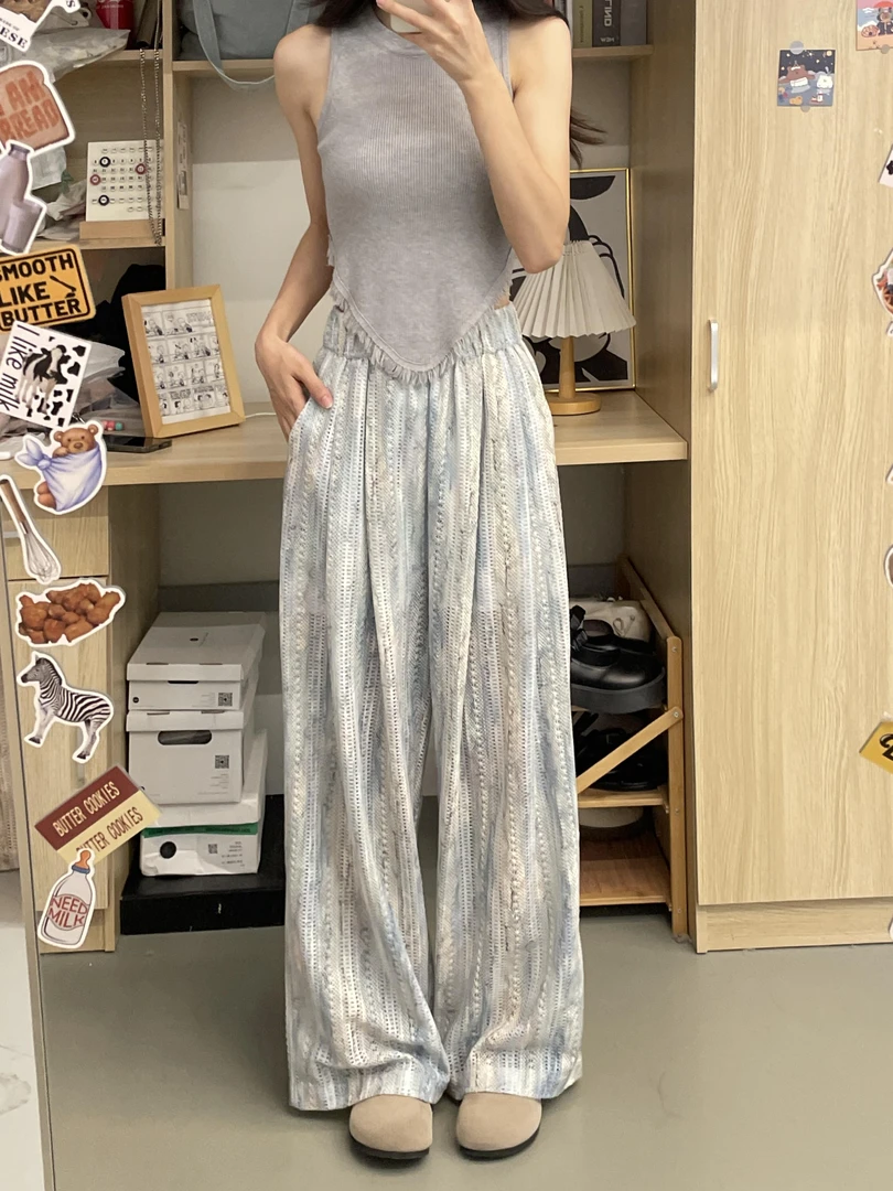 扎染镂空休闲阔腿裤女秋季新款高腰松紧宽松显瘦垂感百搭直筒裤子