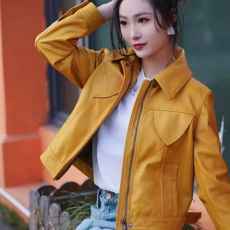 $骚动的青春$春秋油蜡植鞣头层绵羊皮女短款夹克皮衣外套女2025