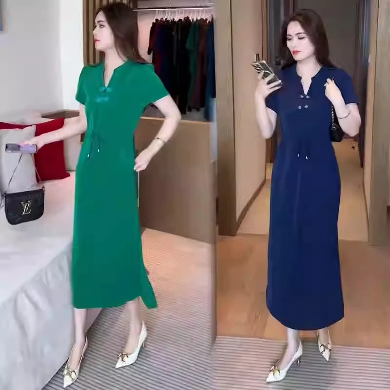 连衣裙女2025夏季新款新中式盘扣中长款收腰显瘦气质减龄开叉裙子