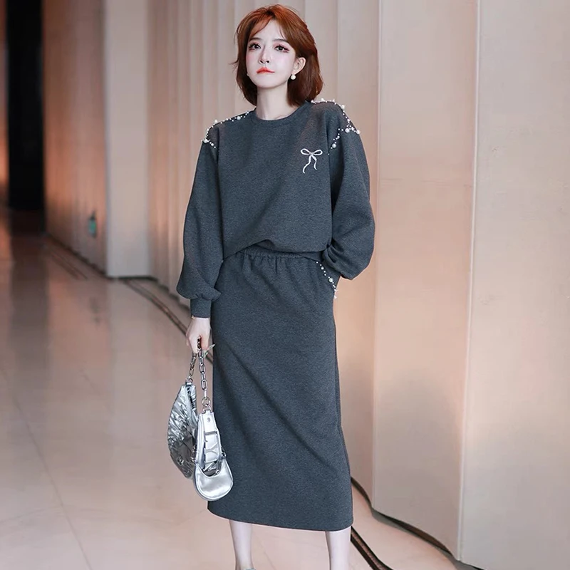 A001钉珠卫衣套装裙女2025春季新款减龄上衣+半身裙