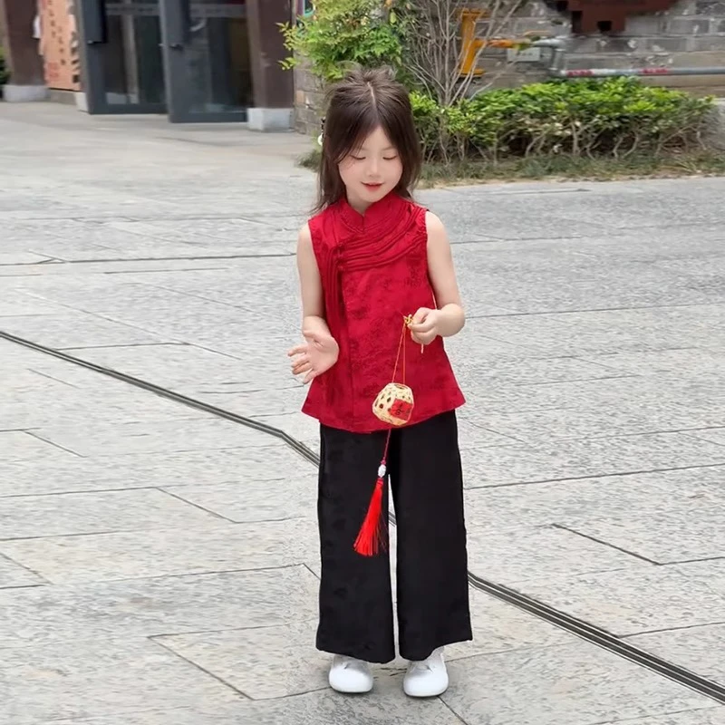 女童新中式汉服民族风红色无袖夏装套装2025新款洋气夏季儿童唐装