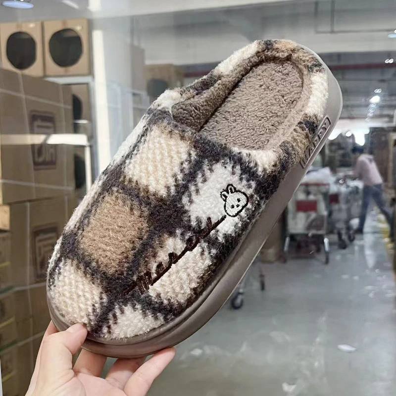 秋冬季防滑棉拖2517包头格子拖鞋室内家用居家情侣软底棉拖鞋女