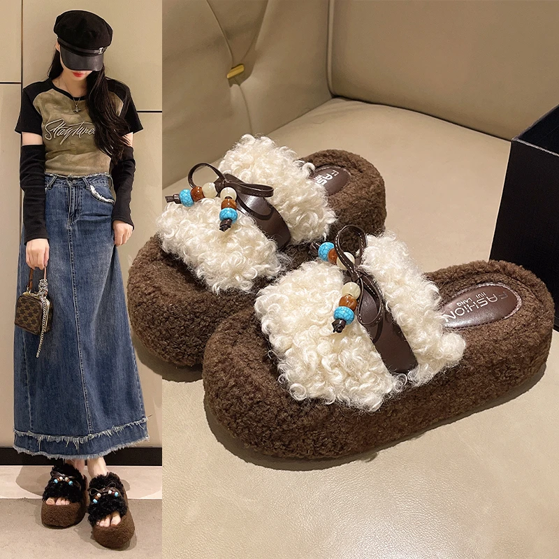 毛绒拖鞋女外穿2025新款秋冬厚底增高网红超火高级感居家棉拖鞋子