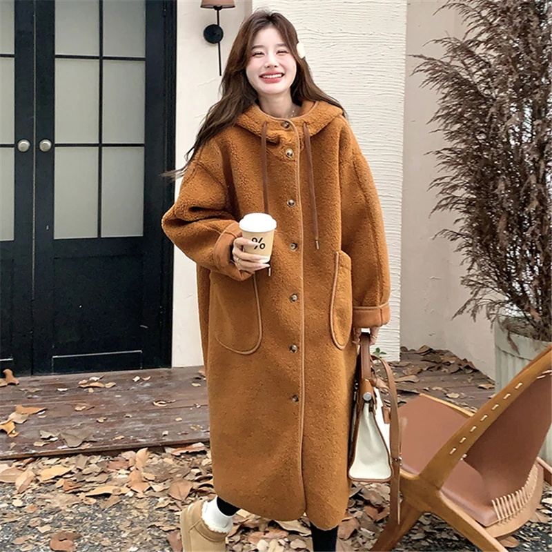 保暖长款显瘦宽袖杂志风毛呢外套宽松中长款冬装过膝