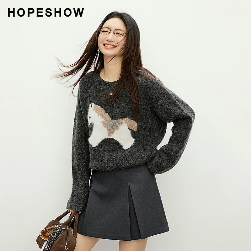 红袖2026春款女装 撞色木马提花钉珠落肩圆领套头毛衫90126470105