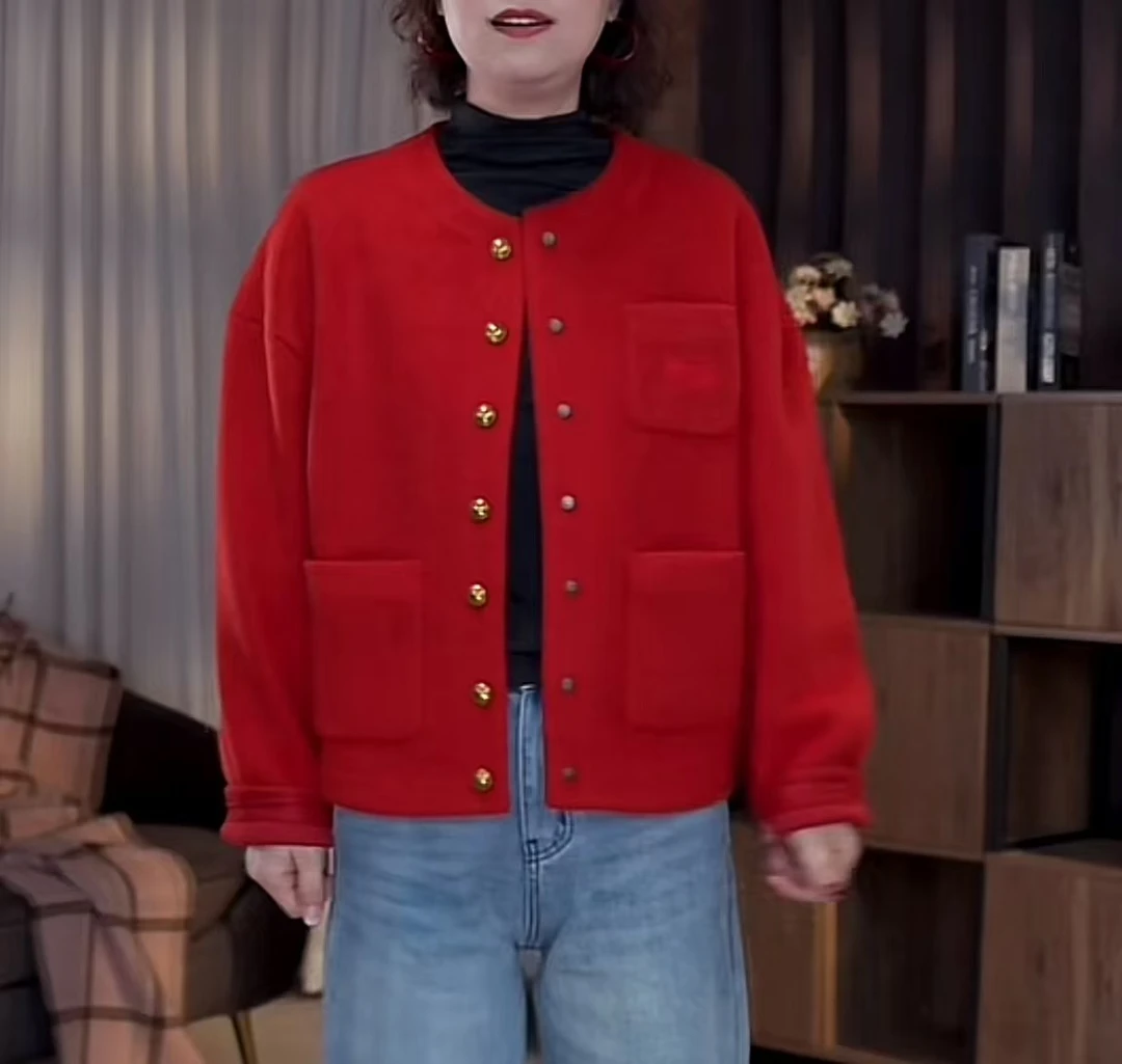 【卿她】圆领单排暗扣呢子短外套2024新款女冬时尚洋气小外套