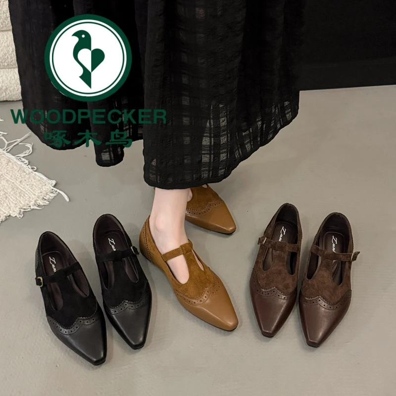 啄木鸟法式复古丁字带玛丽珍鞋女时髦尖头单鞋粗跟显瘦一脚蹬女鞋