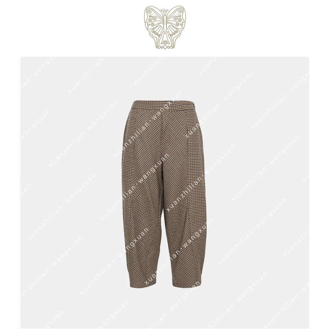 田园U型裤 欧若风百搭复古格子裤松紧腰千鸟格王璇原创设计