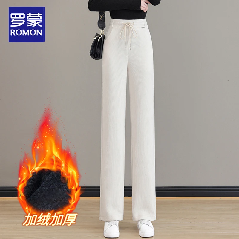 Romon/罗蒙厚阔腿裤女2025春秋冬款宽松加绒直筒裤高腰显瘦休闲裤