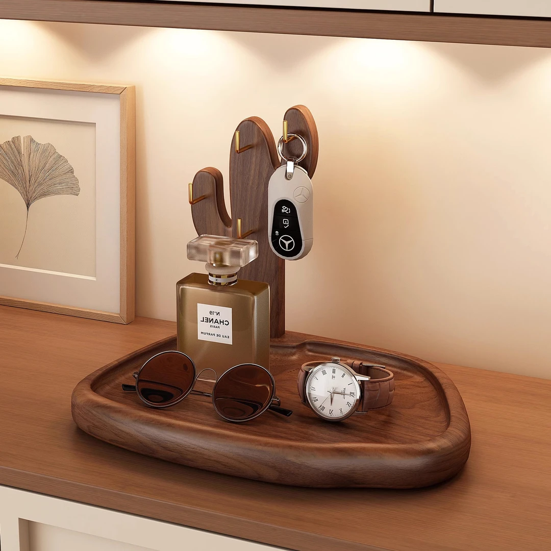 手饰品收纳盒玄关置物架钥匙收纳架实木台面桌上古风摆件装饰架子